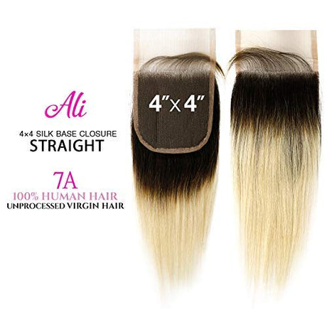 Ali Unprocessed 100% Virgin Human Hair Weave 4X4 Closure BBC44S Straight (12", 613)