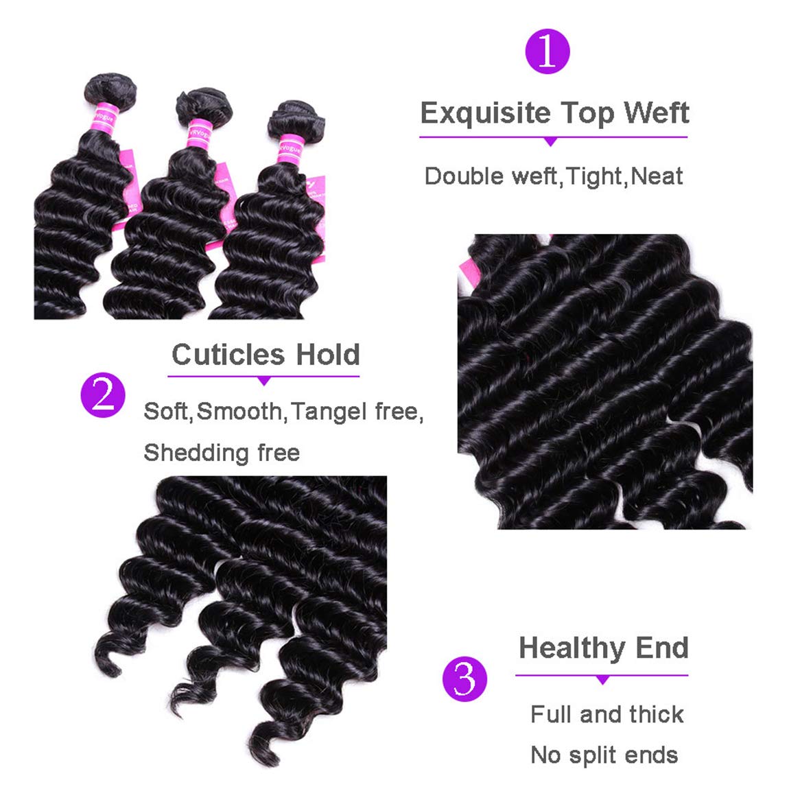 VRVOGUE (18" 20" 22 ) Deep Wave Brazilian Human Hair Bundles with Lace Closure 16 Inch Free Part 4x4 (Natural Black-330g/Lot-130% Density) 100% Unprocessed Virgin Brazilain Human Weave Hiar Extensions