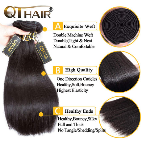 QTHAIR 12A Straight Human Hair(16" 16" 16",300g) Natural Color 100% Unprocessed Human Hair Extensions Indian Virgin Human Hair Weaves Indian Straight Hair