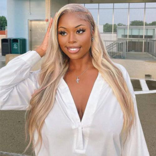 UpScale 100% Human Hair Glueless Pre Plucked 13x4 Lace Frontal Wig Ash Highlight Blonde Straight 22"