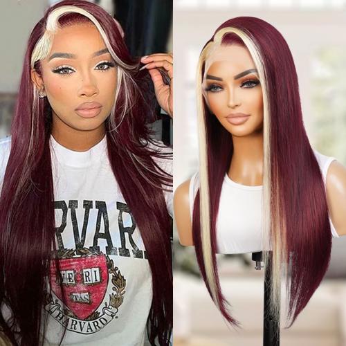 UpScale 100% Human Hair Glueless Pre Plucked 13x4 Lace Frontal Wig Redwine Blonde Skunk Stripe Straight 20"