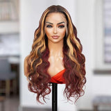 UpScale 100% Human Hair Glueless Pre Plucked 13x6 Lace Frontal Wig Red Blonde Highlight Body Wave 24"