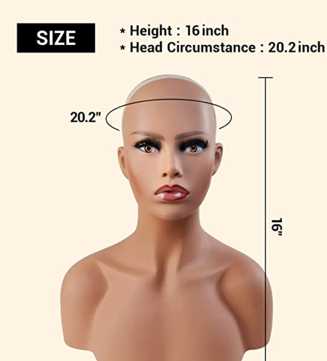 STUDIO LIMITED 16" Realistic Mannequin Head with Shoulders Upper Body Female Manikin Head Bust Makeup&Eyelashes Display for Wigs, Hats, Scarves, jewerly